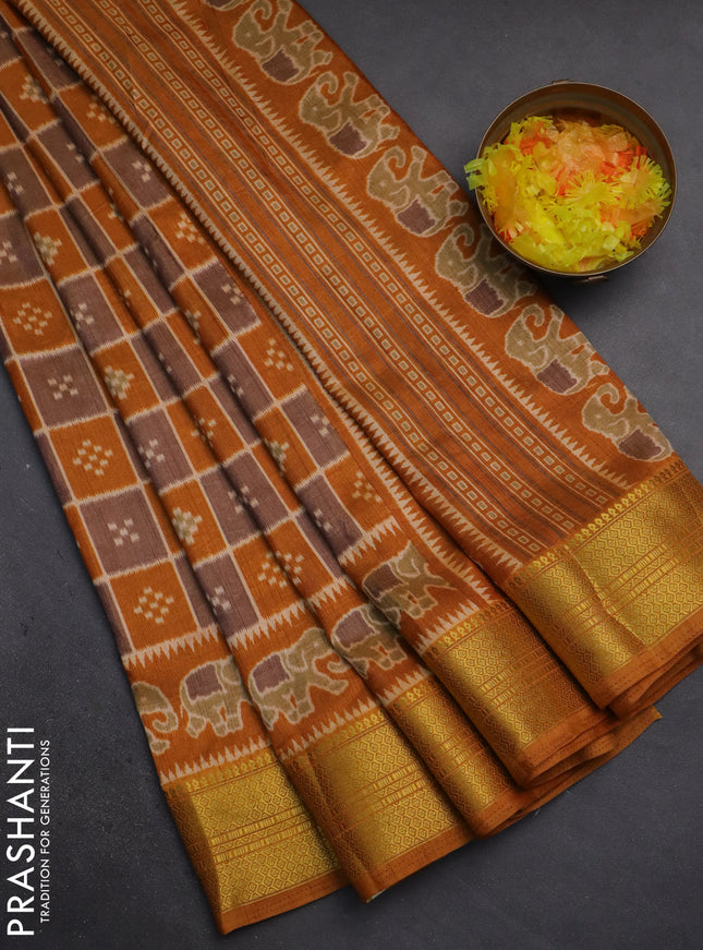 Semi tussar saree grey shade and mustard yellow with allover ikat prints and zari woven border