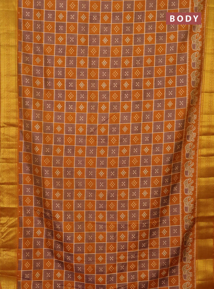 Semi tussar saree grey shade and mustard yellow with allover ikat prints and zari woven border