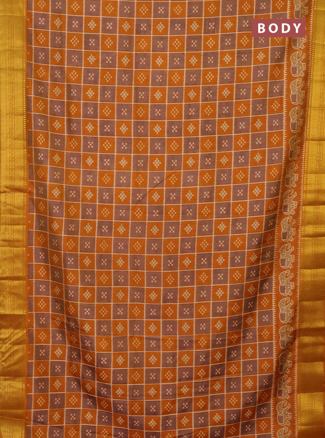 Semi tussar saree grey shade and mustard yellow with allover ikat prints and zari woven border