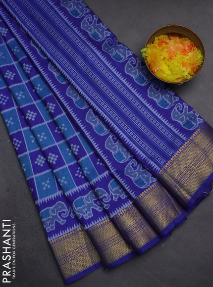 Semi tussar saree cs blue and blue with allover ikat prints and zari woven border