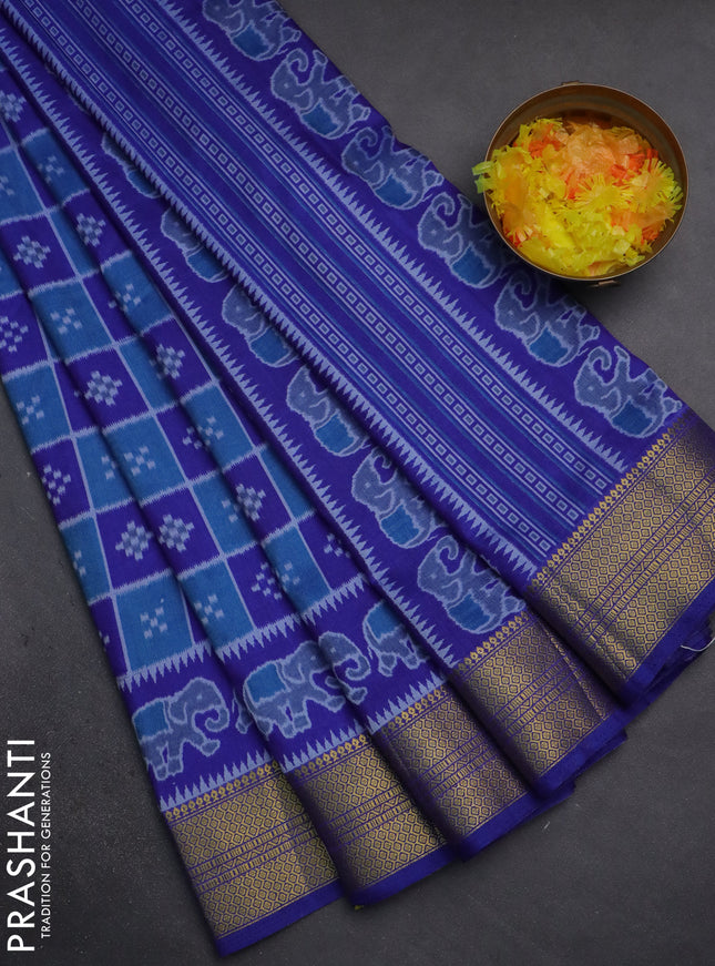 Semi tussar saree cs blue and blue with allover ikat prints and zari woven border