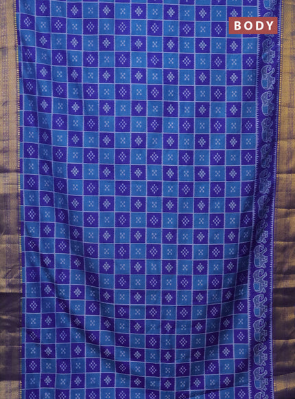 Semi tussar saree cs blue and blue with allover ikat prints and zari woven border