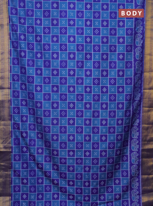 Semi tussar saree cs blue and blue with allover ikat prints and zari woven border