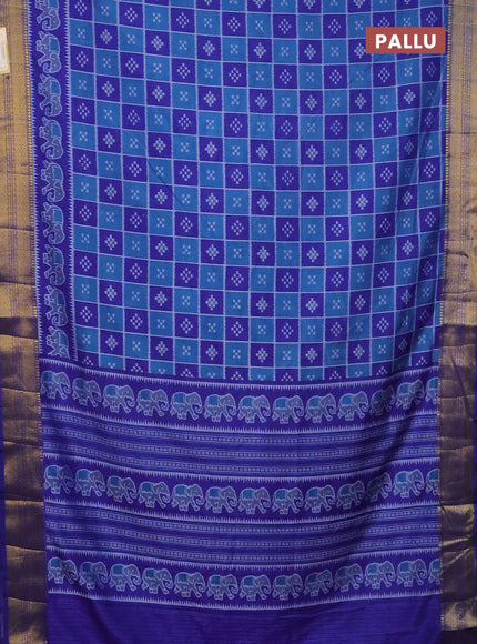 Semi tussar saree cs blue and blue with allover ikat prints and zari woven border