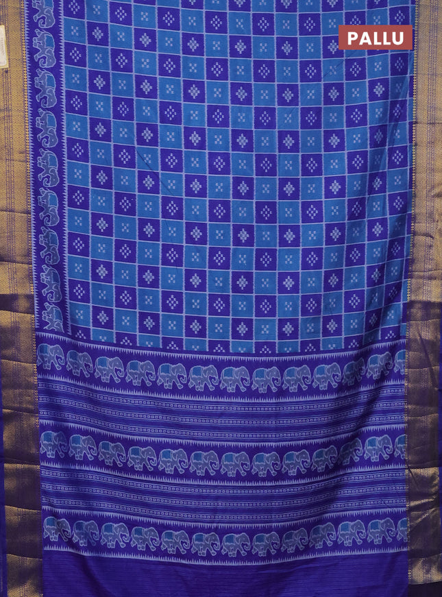 Semi tussar saree cs blue and blue with allover ikat prints and zari woven border