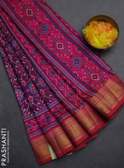 Semi tussar saree purple and pink with allover ikat prints and zari woven border