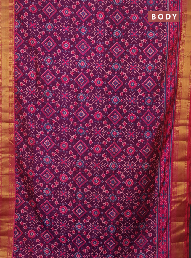 Semi tussar saree purple and pink with allover ikat prints and zari woven border