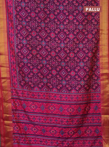 Semi tussar saree purple and pink with allover ikat prints and zari woven border