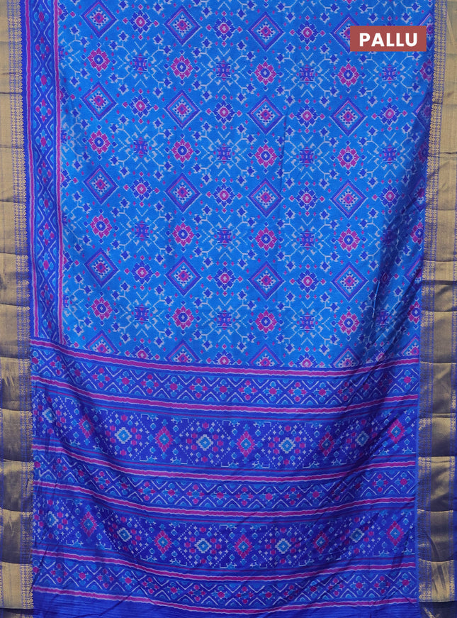 Semi tussar saree cs blue and blue with allover ikat prints and zari woven border