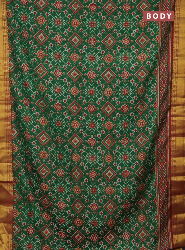 Semi tussar saree green and maroon with allover ikat prints and zari woven border