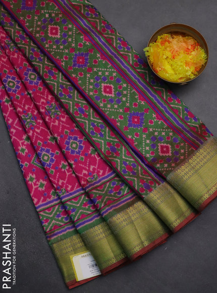 Semi tussar saree pink and dual shade of green with allover ikat prints and zari woven border