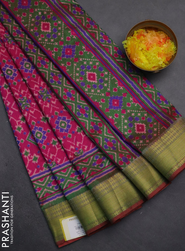 Semi tussar saree pink and dual shade of green with allover ikat prints and zari woven border