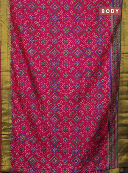 Semi tussar saree pink and dual shade of green with allover ikat prints and zari woven border