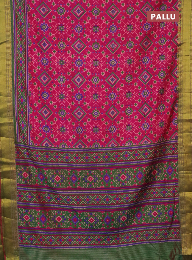 Semi tussar saree pink and dual shade of green with allover ikat prints and zari woven border