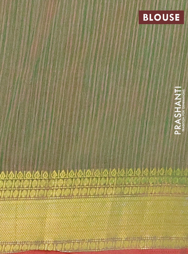 Semi tussar saree pink and dual shade of green with allover ikat prints and zari woven border