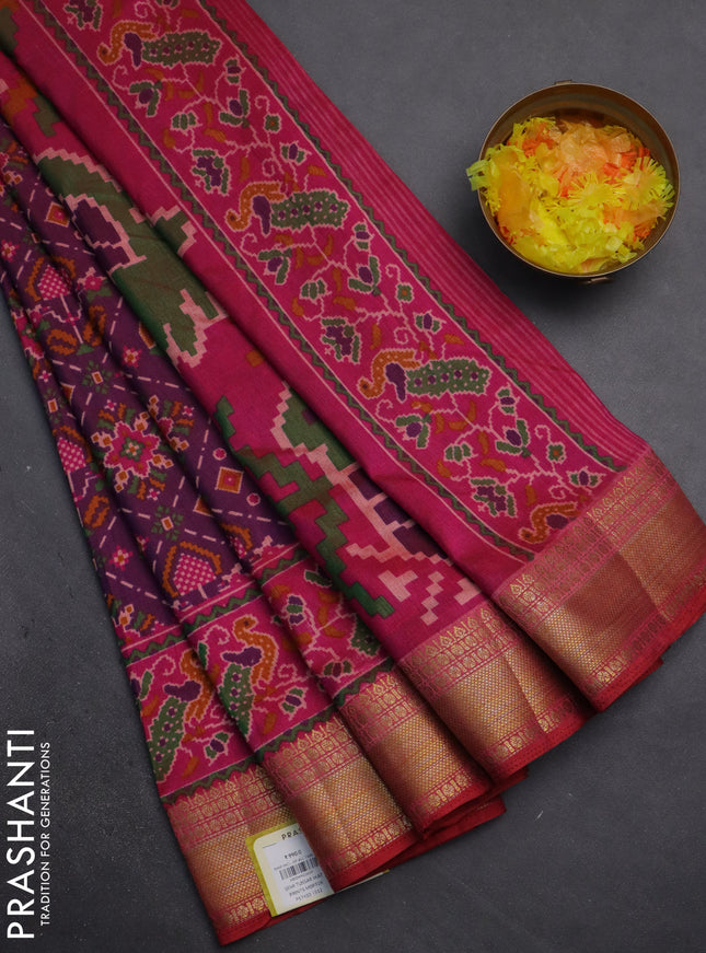 Semi tussar saree purple and pink with allover ikat prints and zari woven border