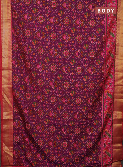 Semi tussar saree purple and pink with allover ikat prints and zari woven border