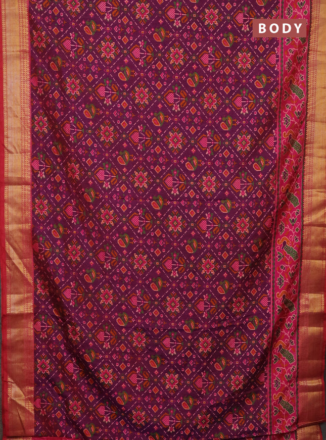 Semi tussar saree purple and pink with allover ikat prints and zari woven border