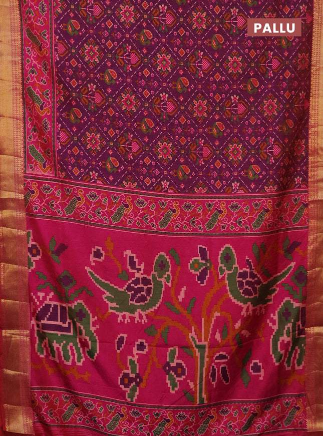 Semi tussar saree purple and pink with allover ikat prints and zari woven border