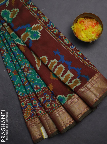 Semi tussar saree green and maroon with allover ikat prints and zari woven border