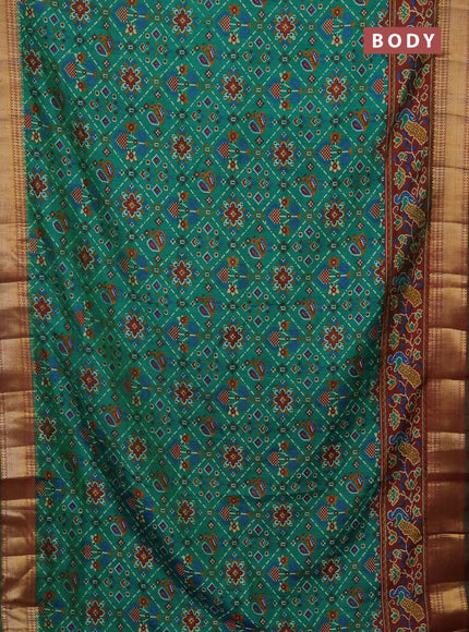 Semi tussar saree green and maroon with allover ikat prints and zari woven border