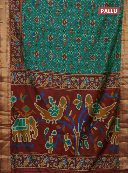 Semi tussar saree green and maroon with allover ikat prints and zari woven border