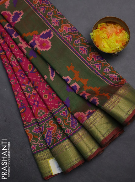 Semi tussar saree pink and dual shade of green with allover ikat prints and zari woven border