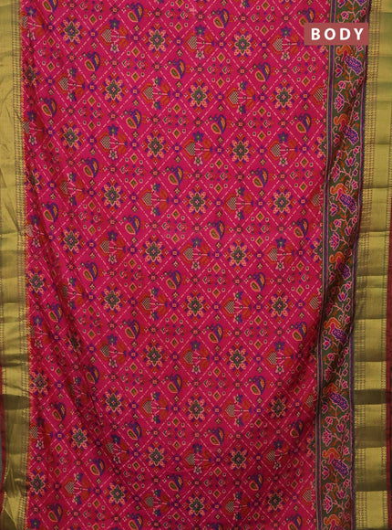 Semi tussar saree pink and dual shade of green with allover ikat prints and zari woven border