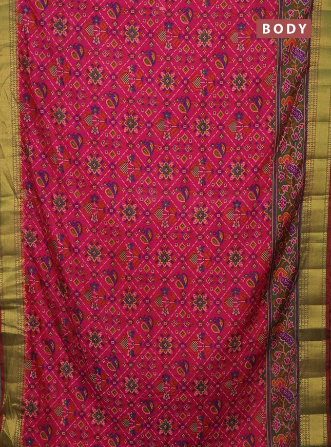 Semi tussar saree pink and dual shade of green with allover ikat prints and zari woven border