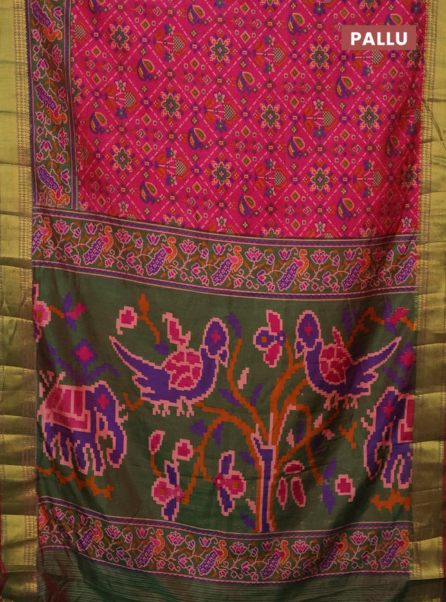 Semi tussar saree pink and dual shade of green with allover ikat prints and zari woven border