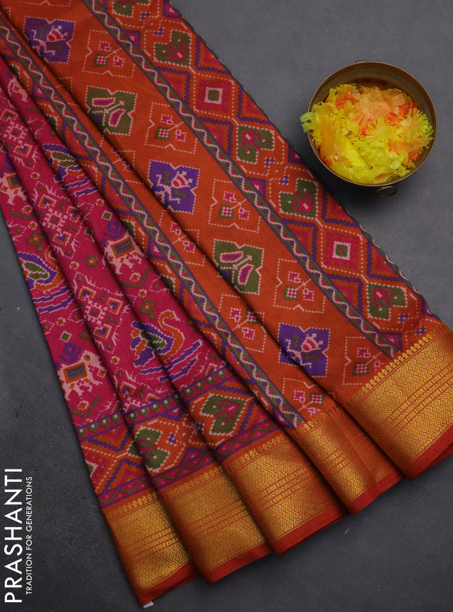 Semi tussar saree pink and rust shade with allover ikat prints and zari woven border
