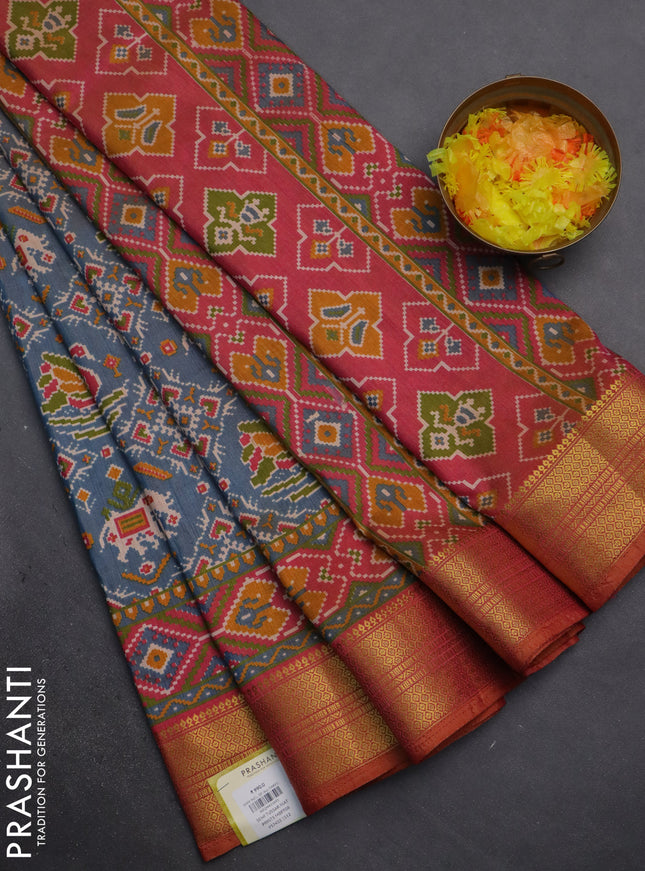 Semi tussar saree dual shade of blue and dual shade of pink with allover ikat prints and zari woven border