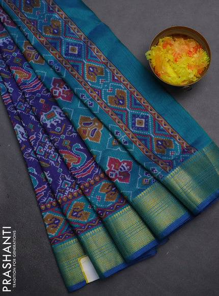 Semi tussar saree blue and teal green with allover ikat prints and zari woven border