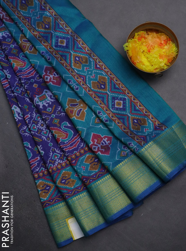 Semi tussar saree blue and teal green with allover ikat prints and zari woven border