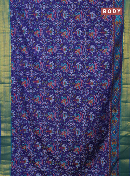 Semi tussar saree blue and teal green with allover ikat prints and zari woven border