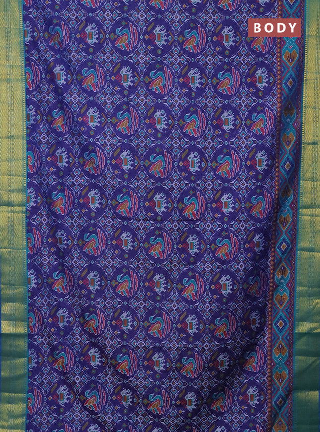 Semi tussar saree blue and teal green with allover ikat prints and zari woven border