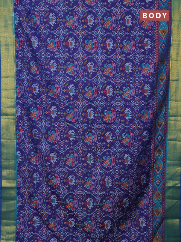 Semi tussar saree blue and teal green with allover ikat prints and zari woven border