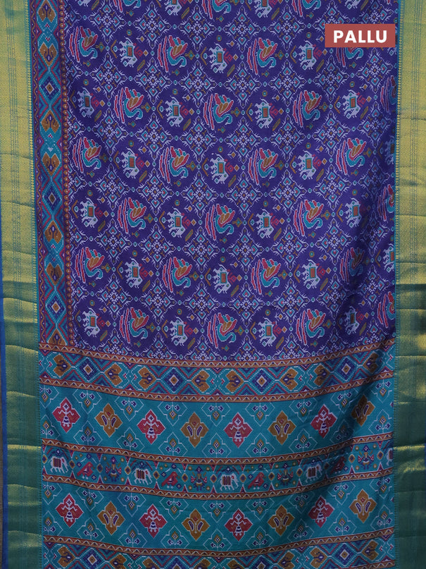 Semi tussar saree blue and teal green with allover ikat prints and zari woven border