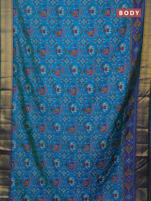 Semi tussar saree dual shade of teal bluish green and dual shade of blue with allover ikat prints and zari woven border