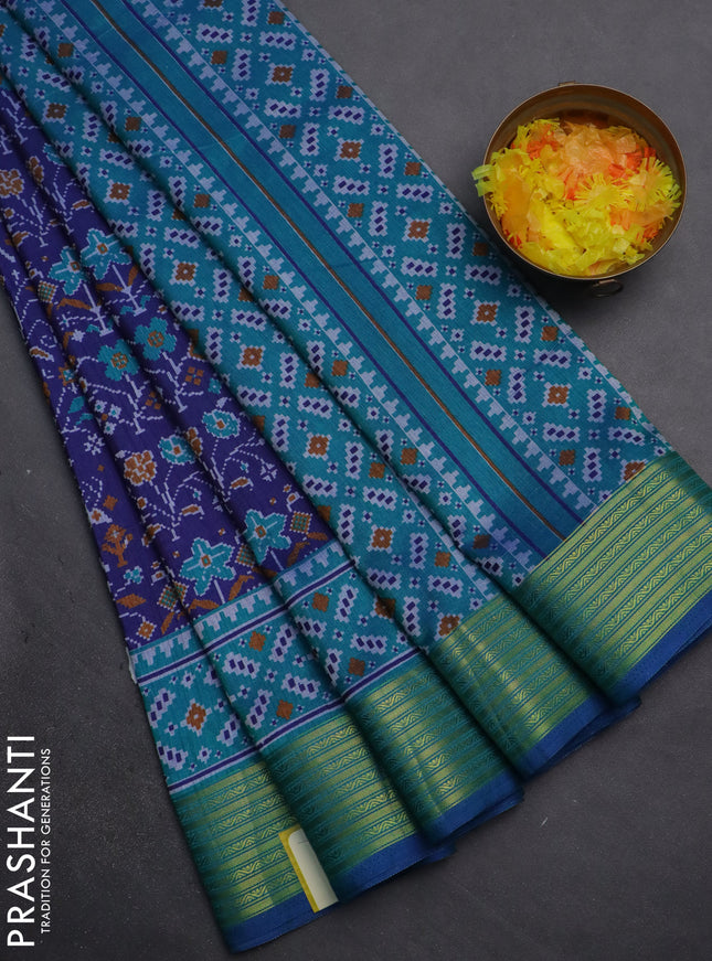 Semi tussar saree dark blue and teal bluish green with allover ikat prints and zari woven border