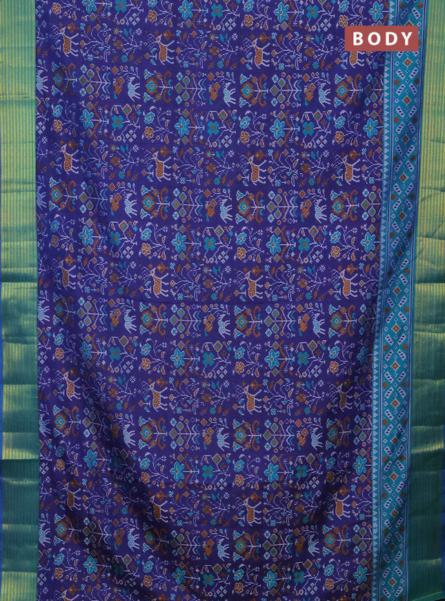 Semi tussar saree dark blue and teal bluish green with allover ikat prints and zari woven border