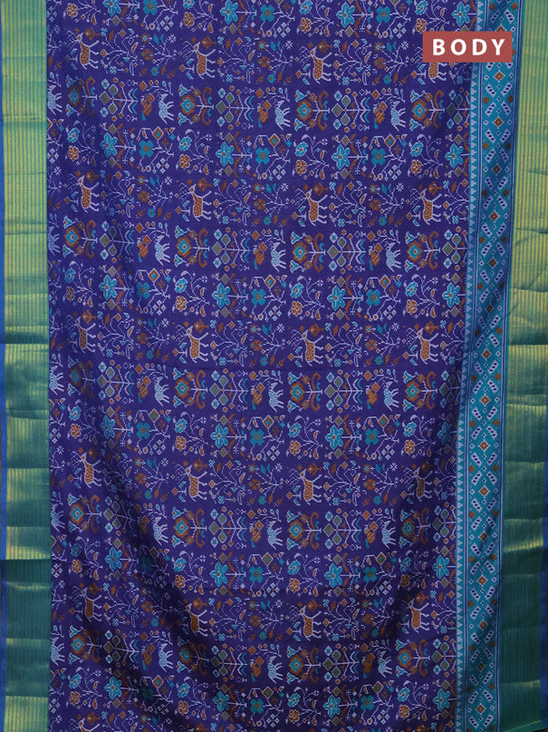 Semi tussar saree dark blue and teal bluish green with allover ikat prints and zari woven border