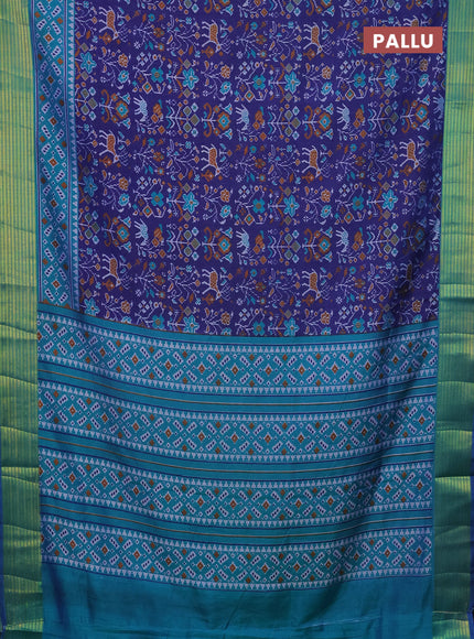 Semi tussar saree dark blue and teal bluish green with allover ikat prints and zari woven border