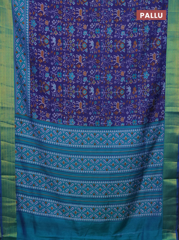 Semi tussar saree dark blue and teal bluish green with allover ikat prints and zari woven border