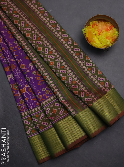 Semi tussar saree purple and dual shade of green with allover ikat prints and zari woven border