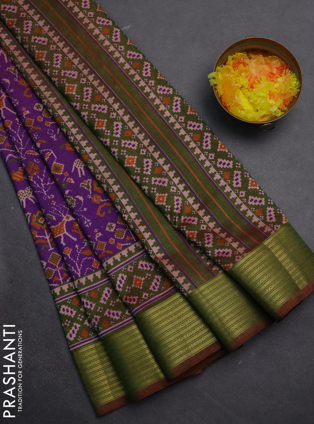 Semi tussar saree purple and dual shade of green with allover ikat prints and zari woven border