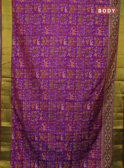 Semi tussar saree purple and dual shade of green with allover ikat prints and zari woven border