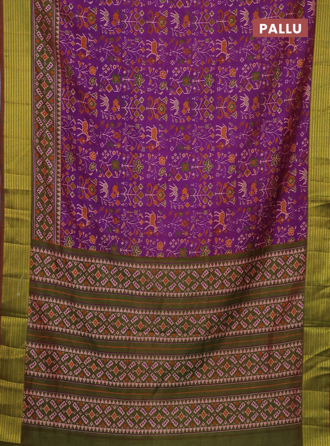 Semi tussar saree purple and dual shade of green with allover ikat prints and zari woven border