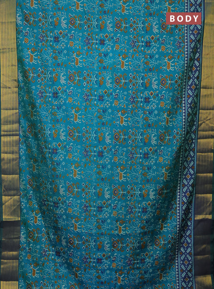 Semi tussar saree teal blue and dual shade of bluish green with allover ikat prints and zari woven border