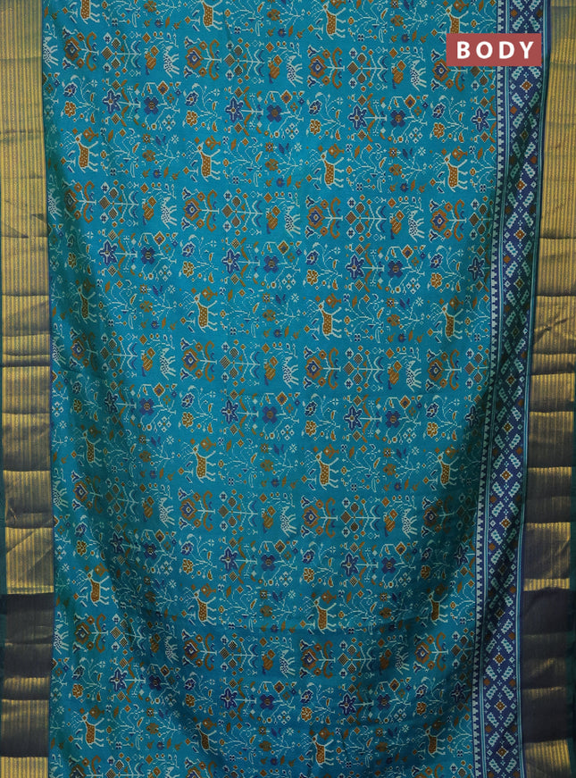 Semi tussar saree teal blue and dual shade of bluish green with allover ikat prints and zari woven border